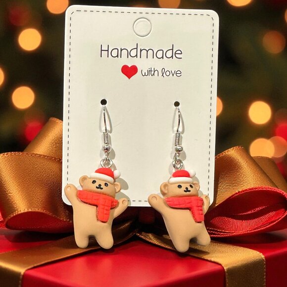 Handmade Teddy Bear Earrings | Christmas Earrings | Polymer Clay Holiday Jewelry - Picture 4 of 8